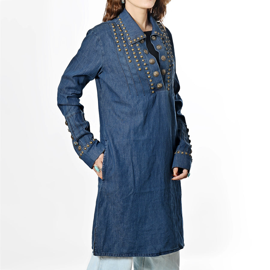 American Darling Women’s Vintage Denim Western Dress – Studded Tunic with Antique Rivets, Premium Cotton