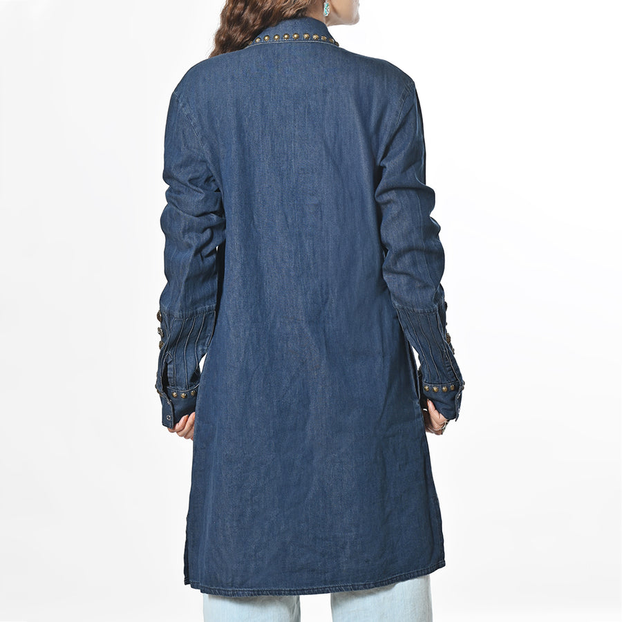 American Darling Women’s Vintage Denim Western Dress – Studded Tunic with Antique Rivets, Premium Cotton