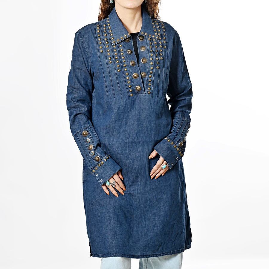 American Darling Women's Vintage Denim Western Dress - Studded Tunic with Antique Rivets, Cotton - Uhorse