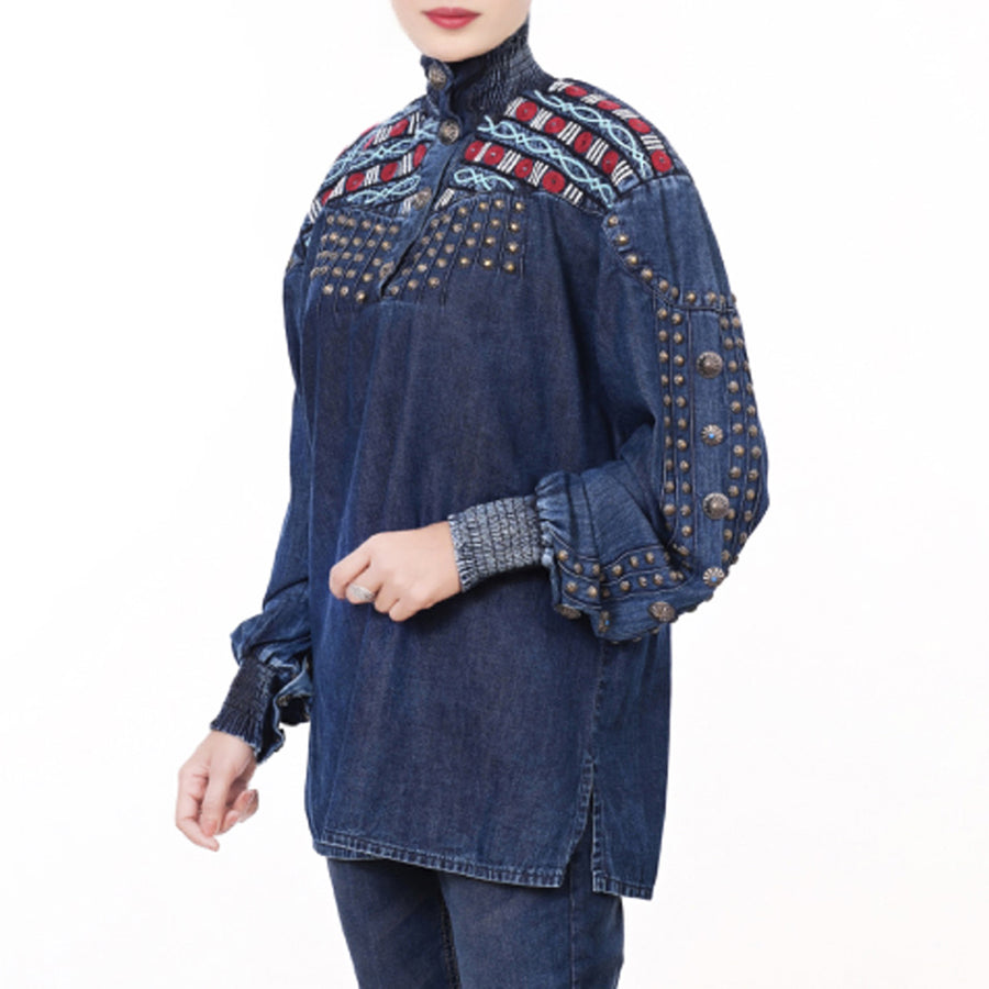 American Darling 100% Cotton Denim Women's Shirt Jacket Dress Ladies Girl Top Red|