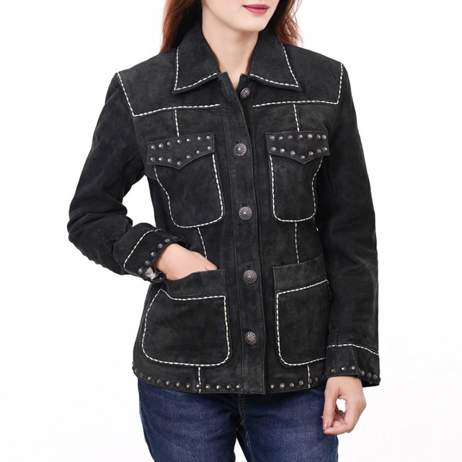 ADJKTLTR018 Genuine Suede leather Women shirt jacket dress ladies girl by Hilason – Cowboy and equestrian accessories