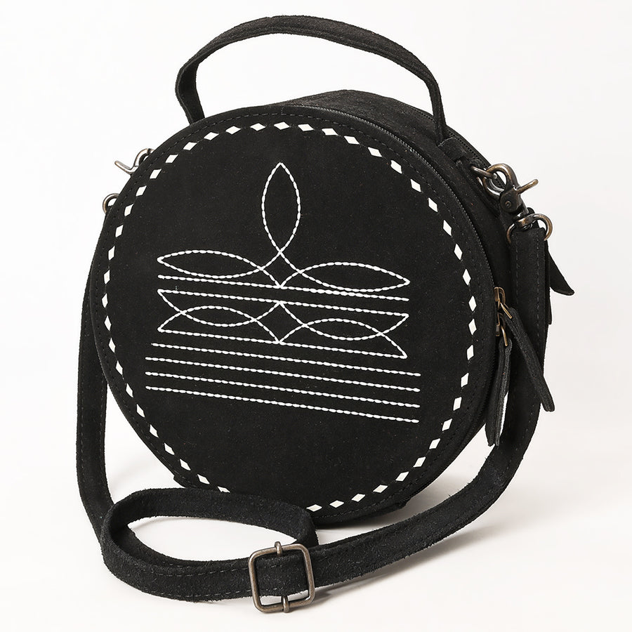 American Darling Black Genuine Suede Western Canteen Bag with Stitch Detailing | Handcrafted Round Purse - Uhorse
