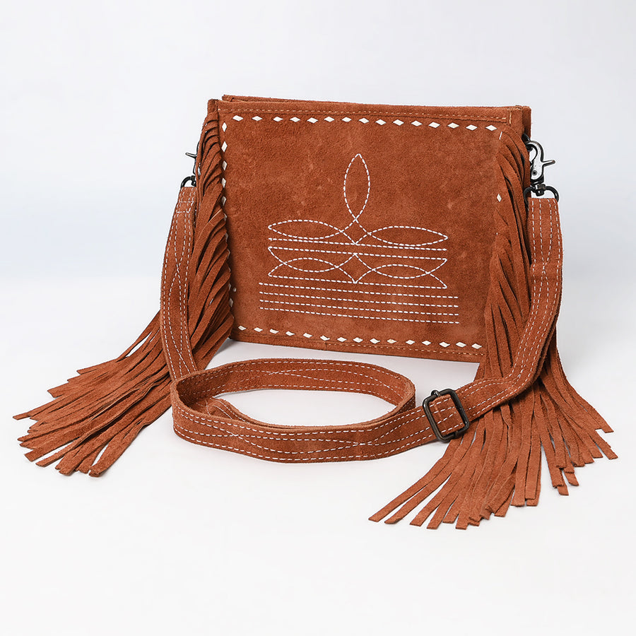 American Darling Western Genuine Suede Leather Crossbody Bag with Fringe and Buck Stitch Detailing - Hilason