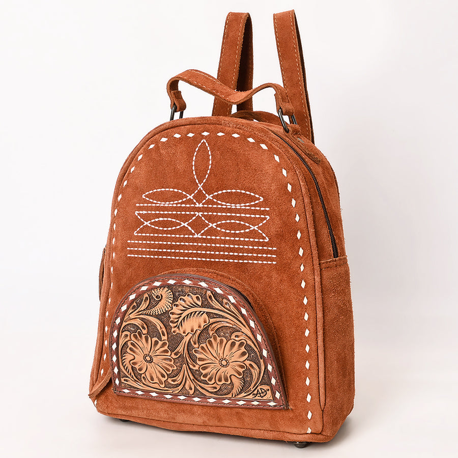American Darling Genuine Suede Leather Backpack Bag with Hand Tooled Floral Front and Buck Stitch Accents - Uhorse