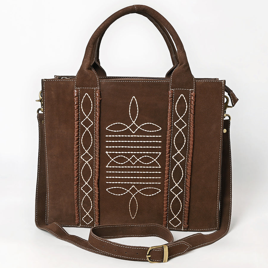 American Darling Tote Bag - Boot Stitched, Braided, Eco-Friendly Vegetable Tanned Genuine Suede Leather, Western Leather Handbag