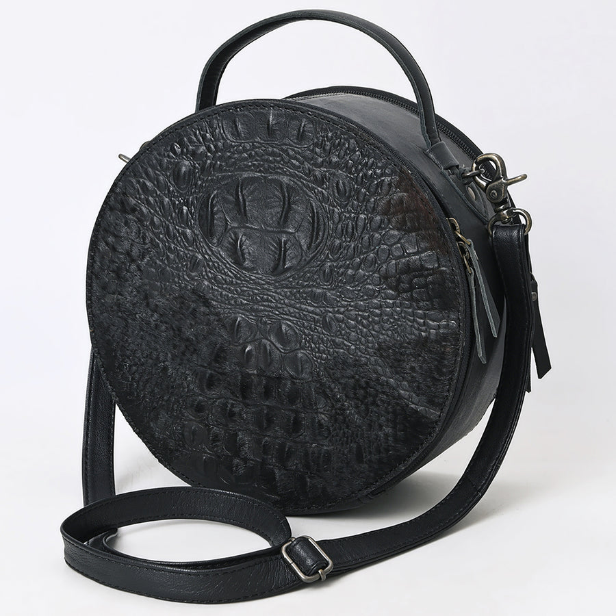 American Darling Western Genuine Leather Canteen Bag | Black Crocodile Embossed Round Crossbody - Uhorse