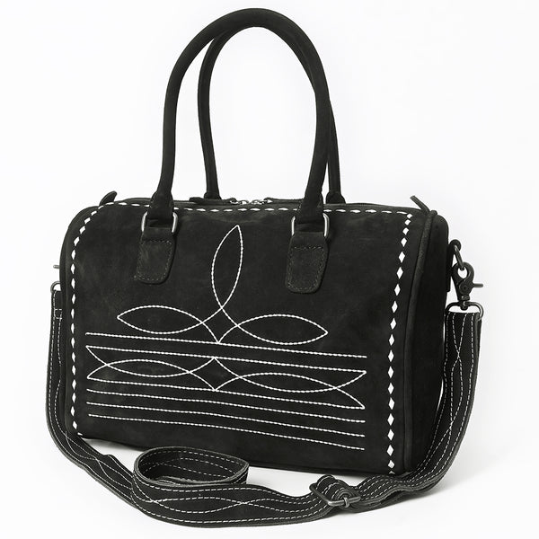 Suede satchel bag with geometric stitching in green, cognac, and black - Uhorse