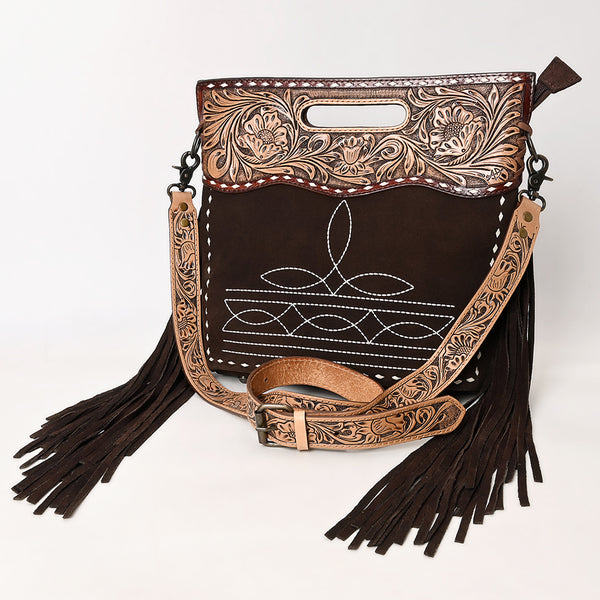 Tooled leather fringe crossbody bags with suede front panels - Uhorse