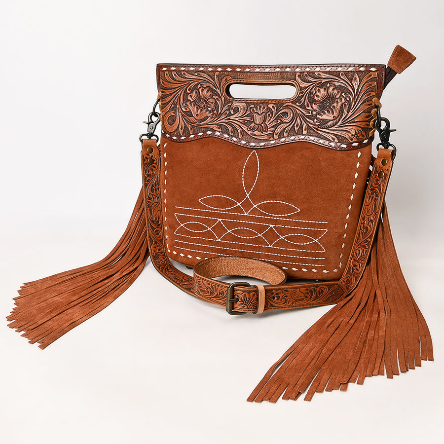 American Darling Hand-Tooled Western Leather Cross Body Bag with Fringe and Carved Detailing - Uhorse