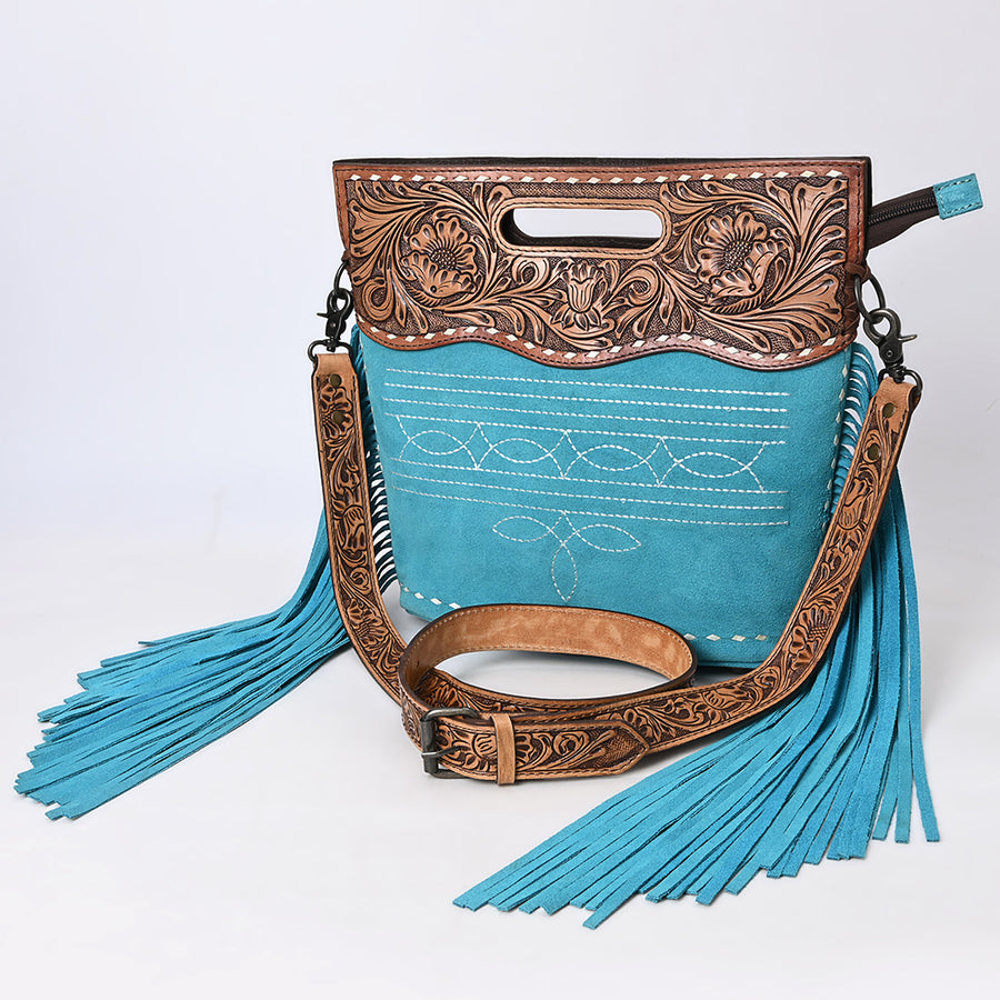 American Darling Hand-Tooled Western Leather Cross Body Bag with Fringe and Carved Detailing - Uhorse