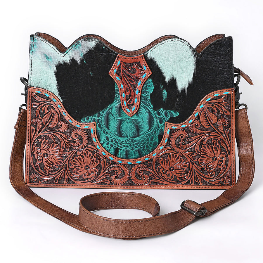 American Darling Hair-On Cowhide Cross Body Bag with Hand-Tooled Floral Carving Croc Emboss Buck Stitching Adjustable Strap & YKK Zipper