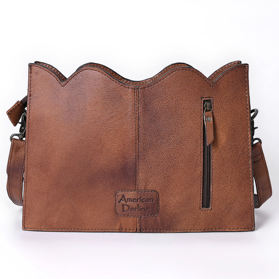 American Darling Hair-On Cowhide Cross Body Bag with Hand-Tooled Floral Carving Croc Emboss Buck Stitching Adjustable Strap & YKK Zipper