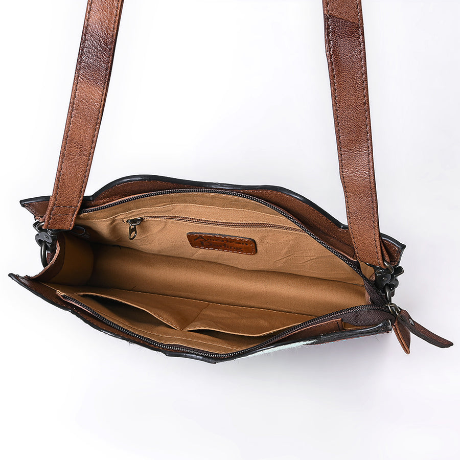 American Darling Hair-On Cowhide Cross Body Bag with Hand-Tooled Floral Carving Croc Emboss Buck Stitching Adjustable Strap & YKK Zipper