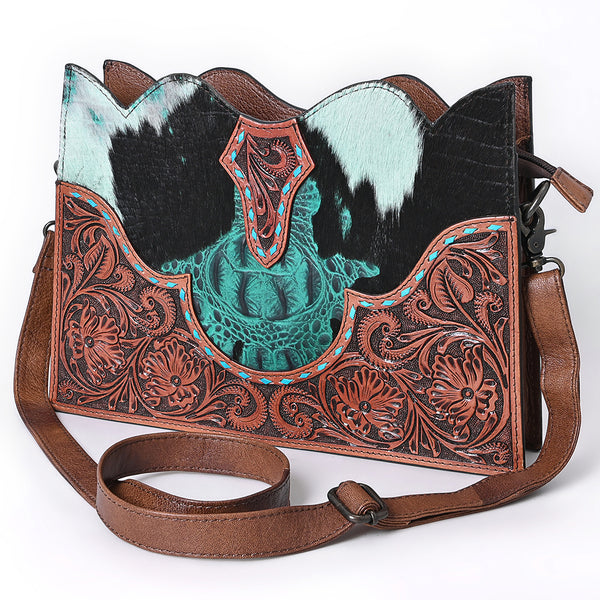 American Darling Hair-On Cowhide Western Leather Cross Body Bag with Tooled Floral Detailing - Uhorse