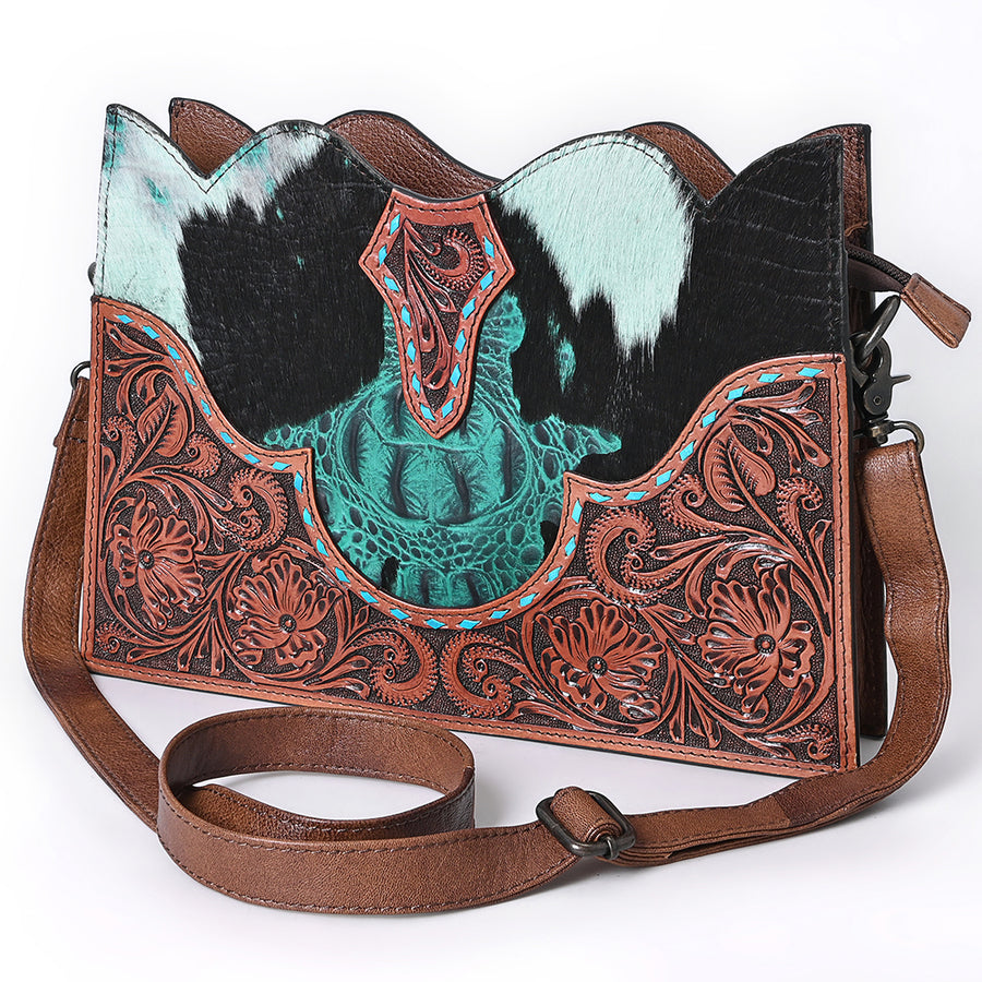 American Darling Hair-On Cowhide Western Leather Cross Body Bag with Tooled Floral Detailing - Uhorse