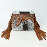 American Darling Hair-On Cowhide Wristlet Bag with Hand-Tooled Floral Carving Fringe Buck Stitching Genuine Leather Strap & Secure YKK Zipper
