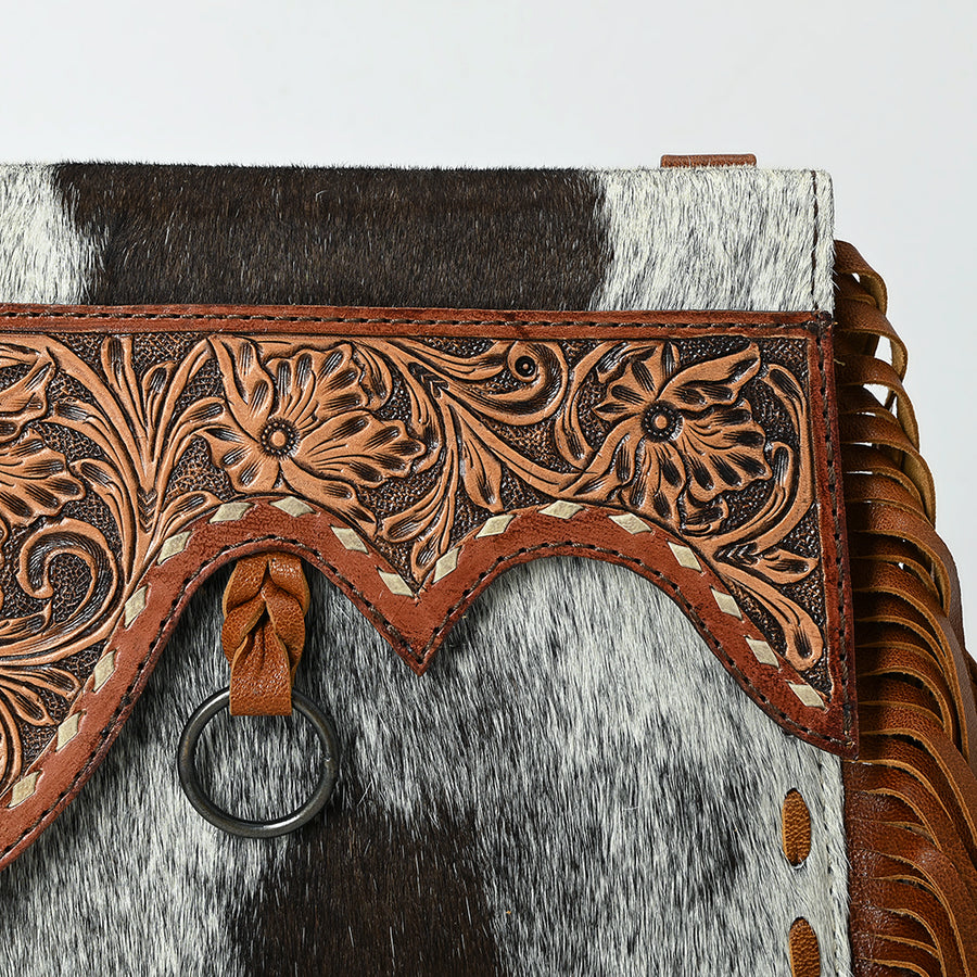 American Darling Hair-On Cowhide Wristlet Bag with Hand-Tooled Floral Carving Fringe Buck Stitching Genuine Leather Strap & Secure YKK Zipper