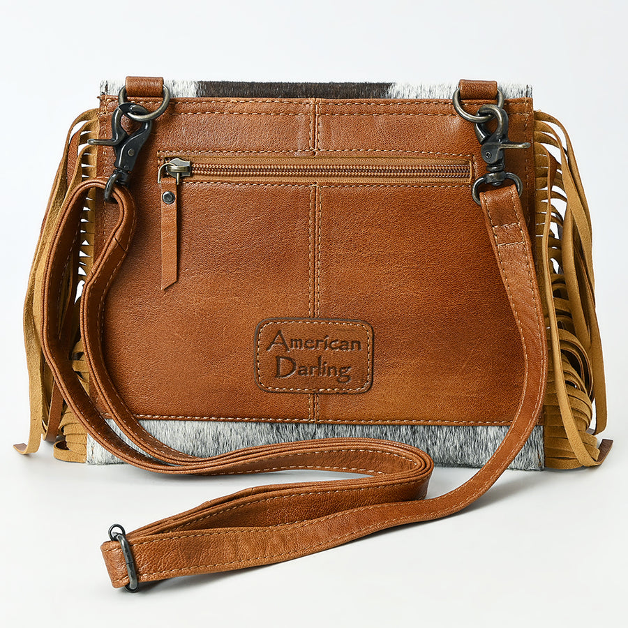 American Darling Hair-On Cowhide Wristlet Bag with Hand-Tooled Floral Carving Fringe Buck Stitching Genuine Leather Strap & Secure YKK Zipper