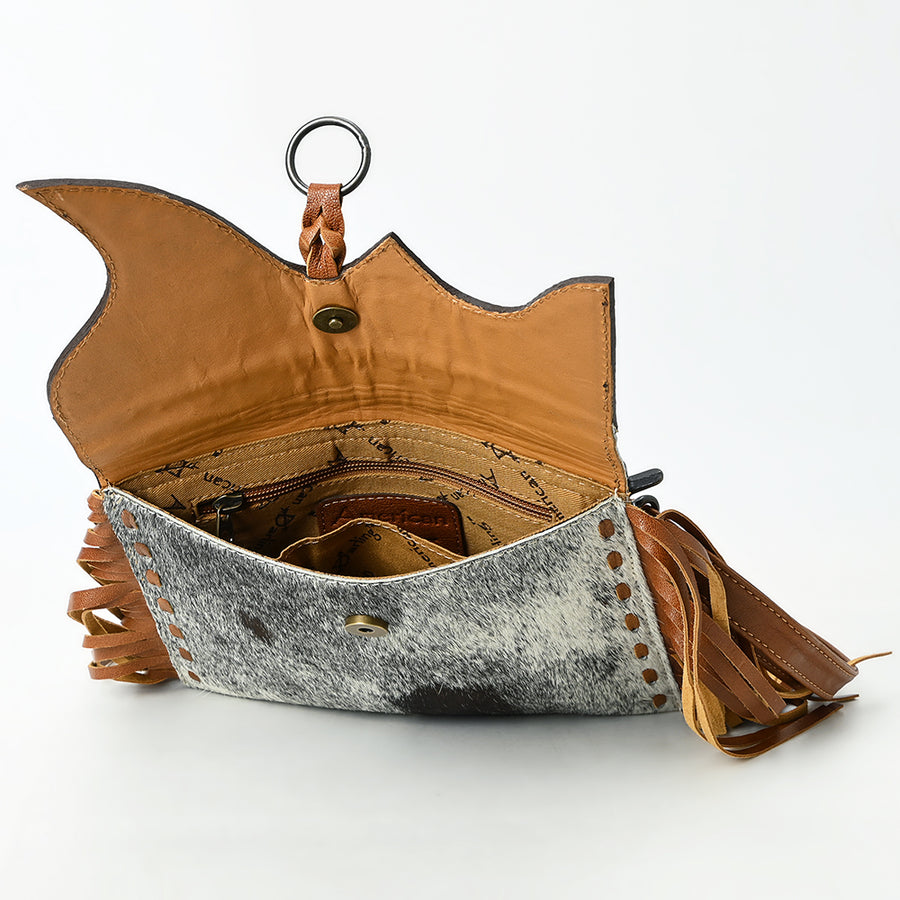 American Darling Hair-On Cowhide Wristlet Bag with Hand-Tooled Floral Carving Fringe Buck Stitching Genuine Leather Strap & Secure YKK Zipper