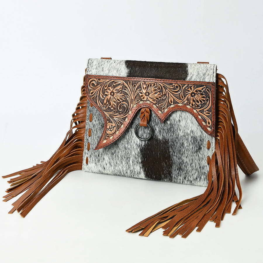 American Darling Hair-On Cowhide Wristlet Bag with Hand-Tooled Floral Carving Fringe Buck Stitching Genuine Leather - Uhorse