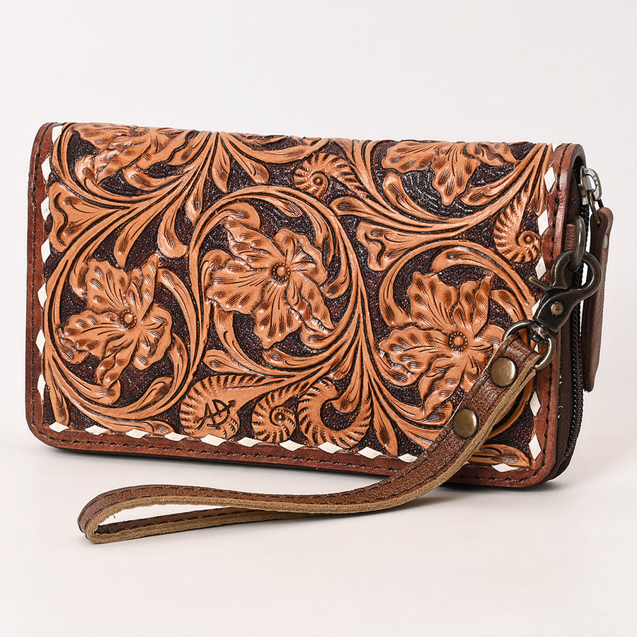 American Darling Hand-Tooled Leather Wristlet Bag with Floral Carving and Western Buck Stitching - Uhorse