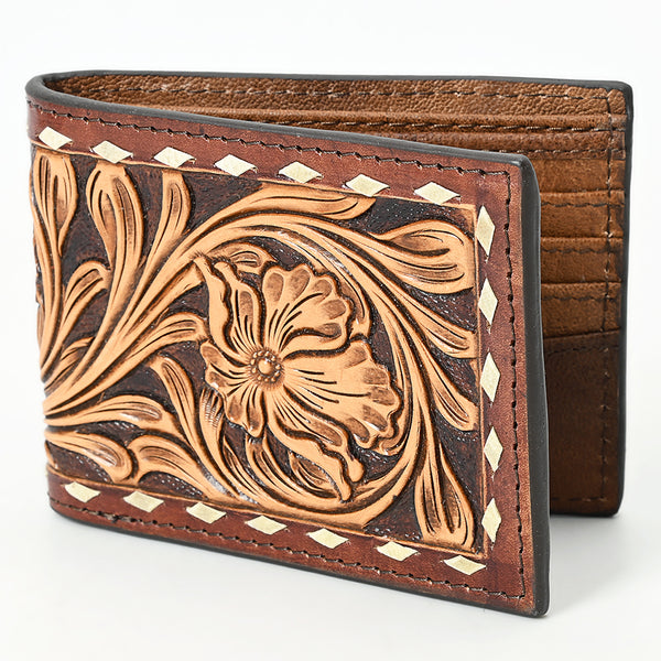 American Darling Hand-Tooled Leather Wallet Hand Bag with Western Buck Stitching and Floral Detailing - Uhorse