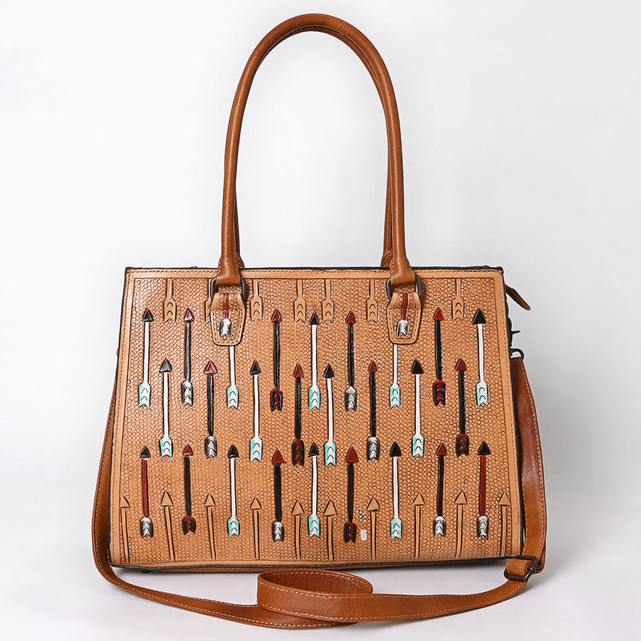 American Darling Hand-Tooled Leather Tote Bag with Arrow Carving Full-Grain Leather Spacious Interior Dual Handles & Secure YKK Zipper