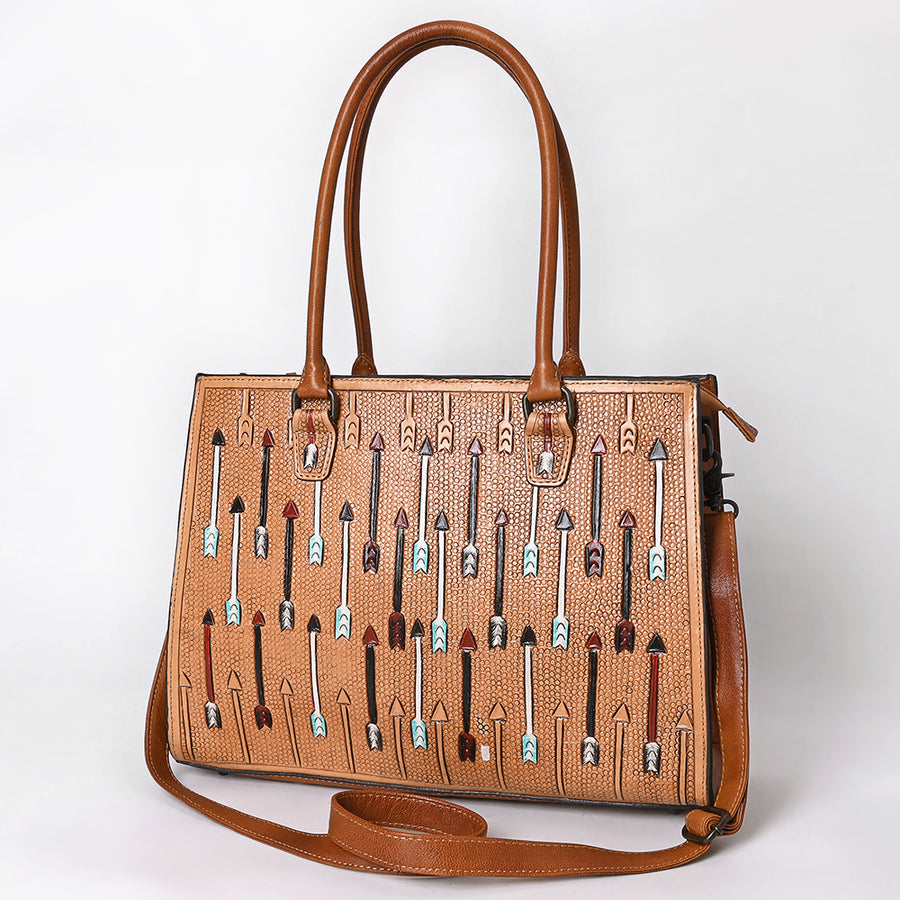 American Darling Hand-Tooled Leather Tote Bag with Western Arrow Carving and Full-Grain Detailing - Uhorse