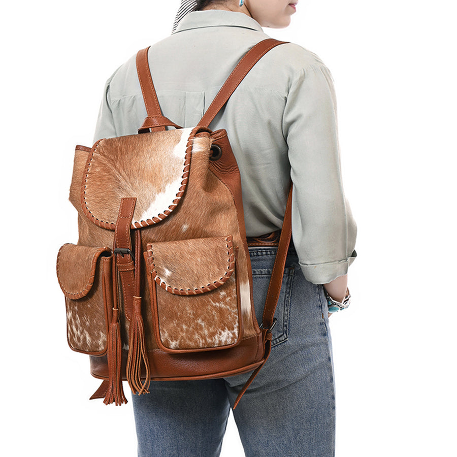 American Darling Western Leather Backpack Bag with Hair-On Cowhide, Braided Accents, Tassels, Full-Grain Leather & Spacious Interior