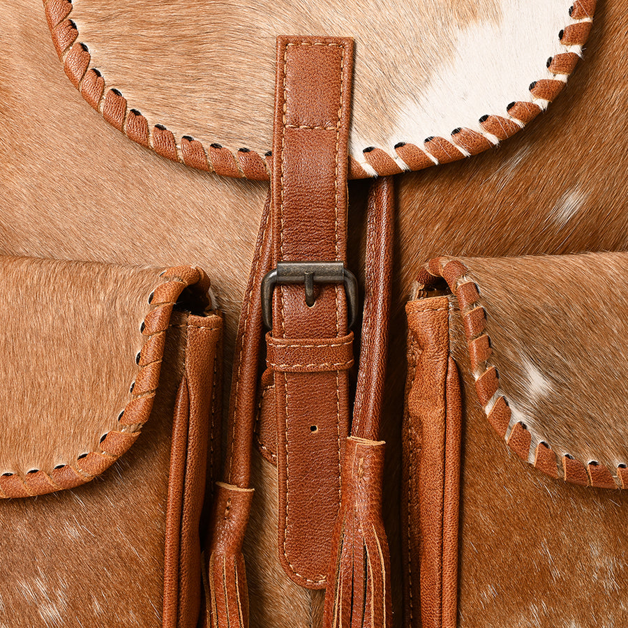 American Darling Western Leather Backpack Bag with Hair-On Cowhide, Braided Accents, Tassels, Full-Grain Leather & Spacious Interior