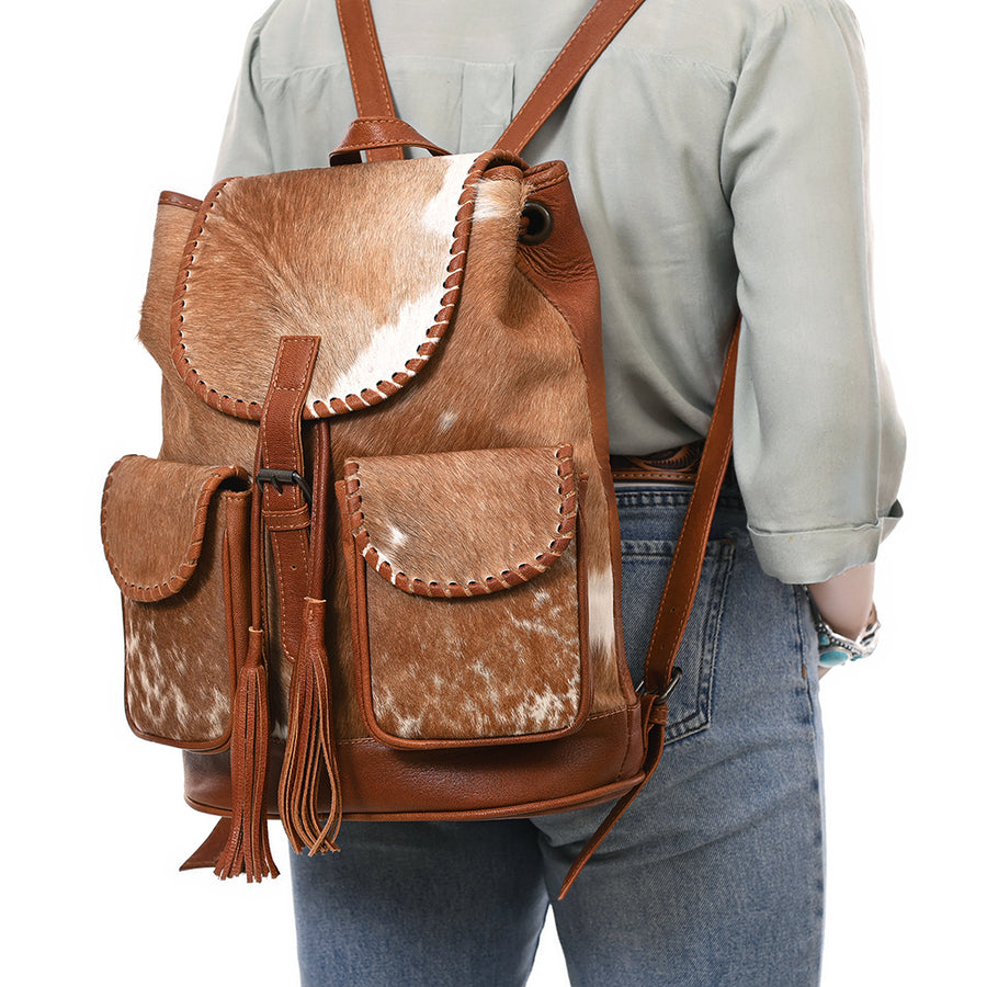 American Darling Western Leather Backpack Bag with Hair-On Cowhide, Braided Accents, Tassels, Full-Grain Leather & Spacious Interior