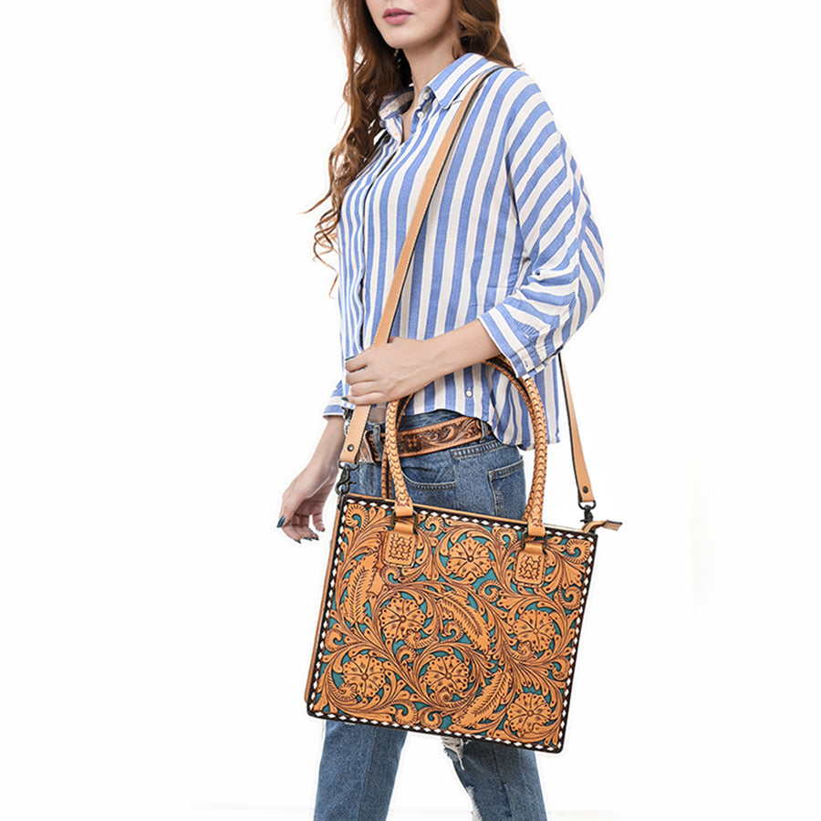American Darling Hand Tooled Leather Tote Bag Turquoise Painted Floral Full Grain