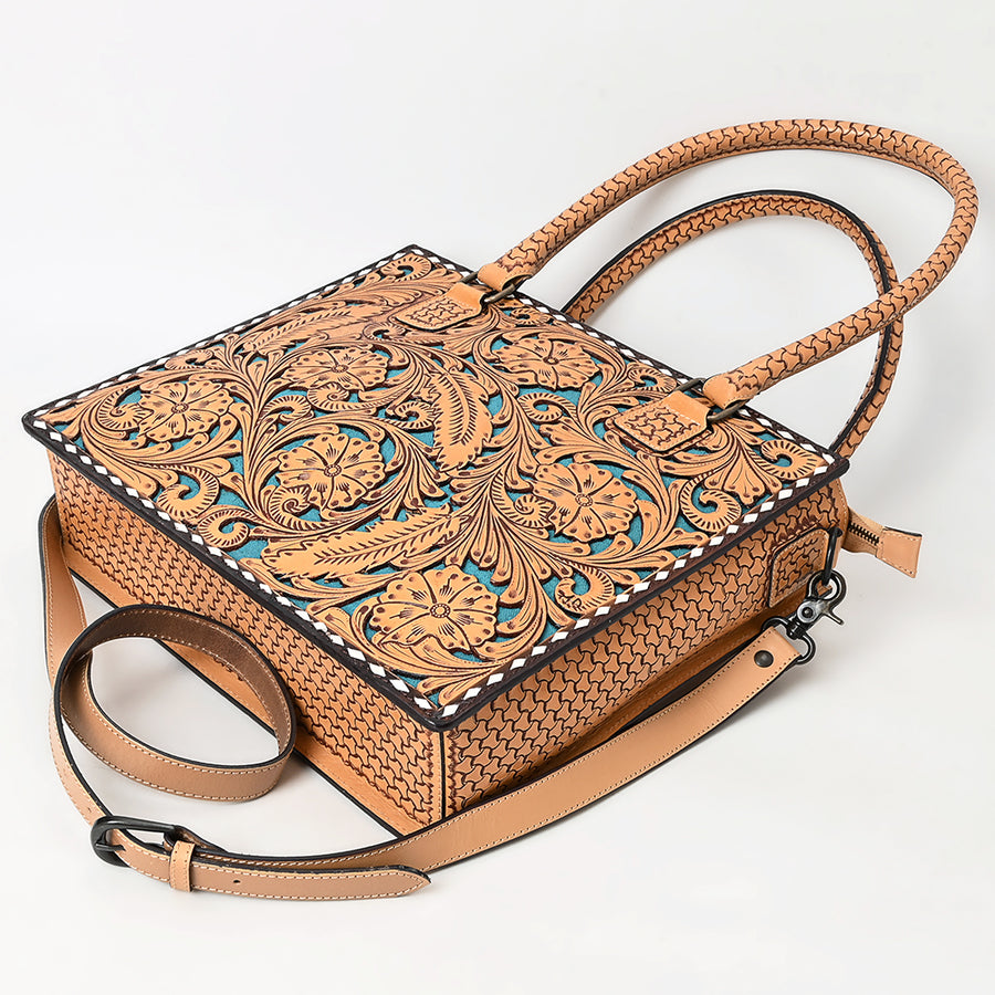 American Darling Hand Tooled Leather Tote Bag Turquoise Painted Floral Full Grain