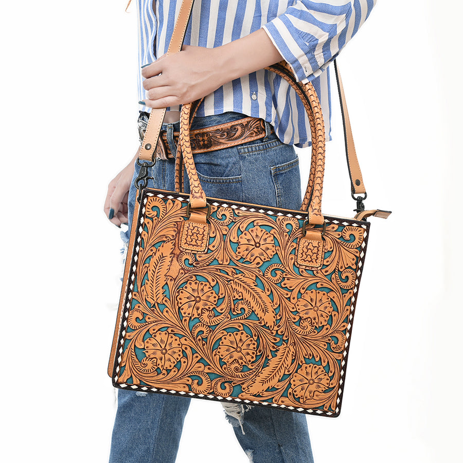 American Darling Hand Tooled Leather Tote Bag Turquoise Painted Floral Full Grain