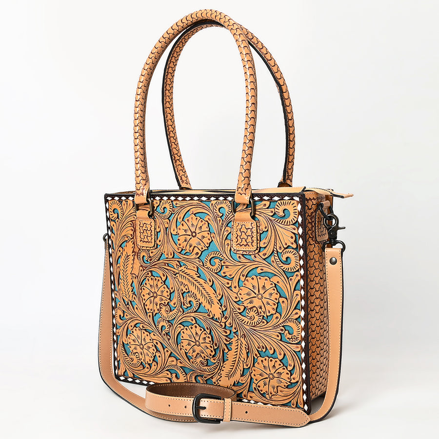 American Darling Hand Tooled Leather Tote Bag Turquoise Painted Floral Full Grain - Uhorse
