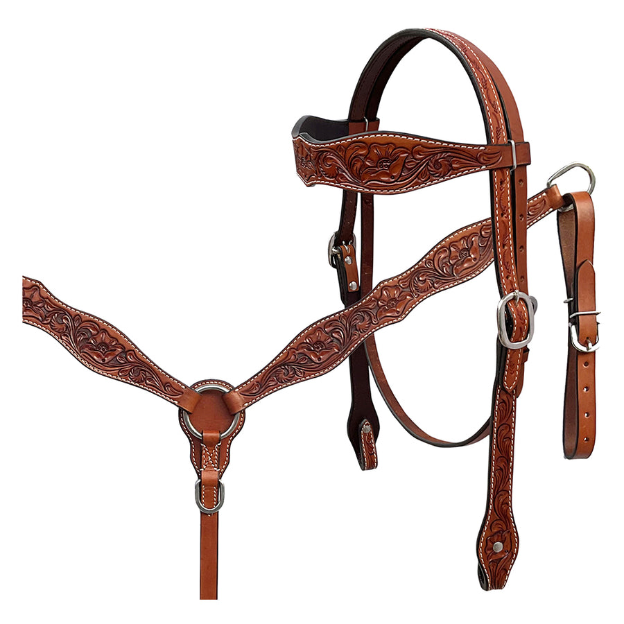 BAR H EQUINE Western Handtooled Leather Horse Headstall and Breast Collar Set - Uhorse