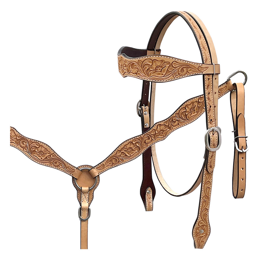 BAR H EQUINE Western Handtooled Leather Horse Headstall and Breast Collar Set - Uhorse