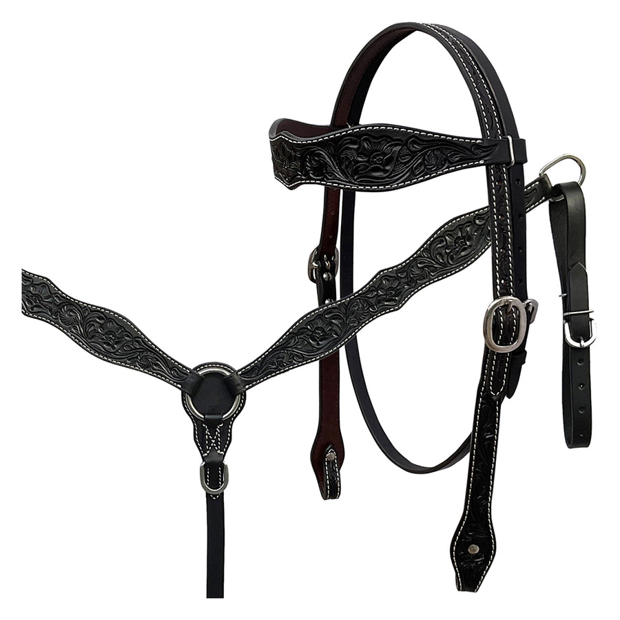 BAR H EQUINE Western Handtooled Leather Horse Headstall and Breast Collar Set - Uhorse