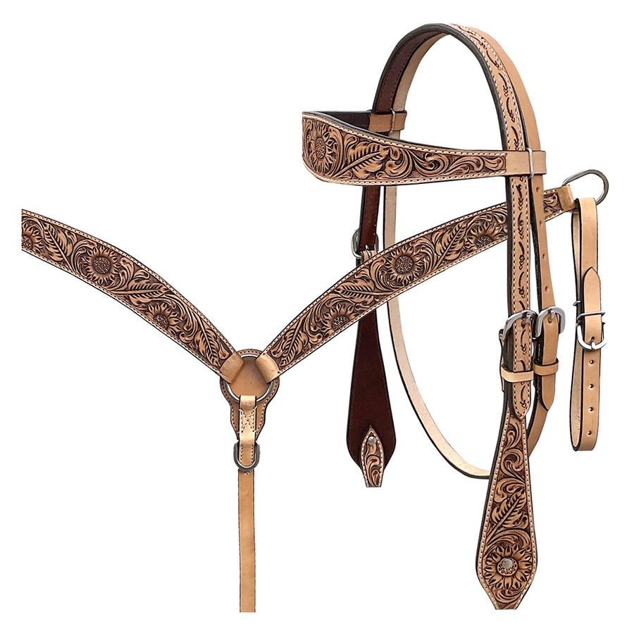 BAR H EQUINE Western Handtooled Leather Horse Headstall and Breast Collar Set - Uhorse