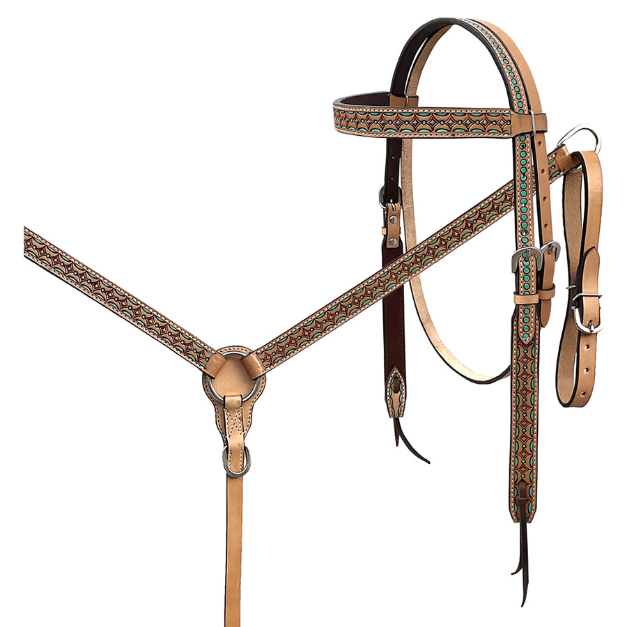 BAR H EQUINE Western Handtooled Leather Horse Headstall and Breast Collar Set - Uhorse