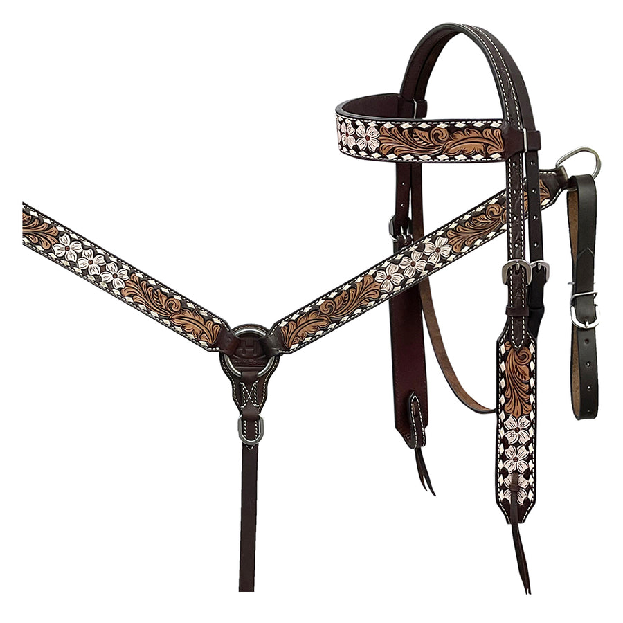 BAR H EQUINE Western Handtooled Leather Horse Headstall and Breast Collar Set - Uhorse