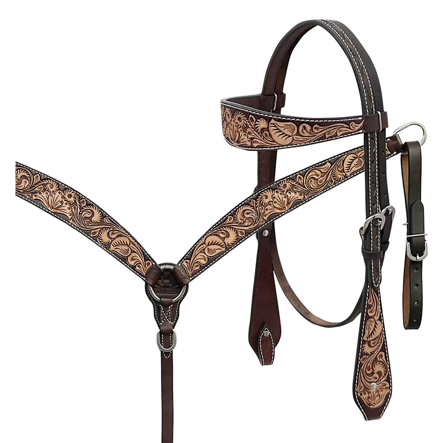 BAR H EQUINE Western Handtooled Leather Horse Headstall and Breast Collar Set - Uhorse