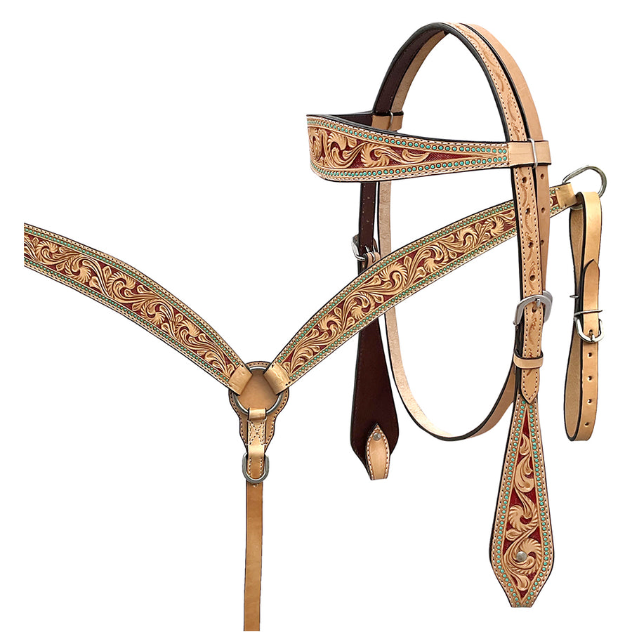 BAR H EQUINE Western Handtooled Leather Horse Headstall and Breast Collar Set - Uhorse