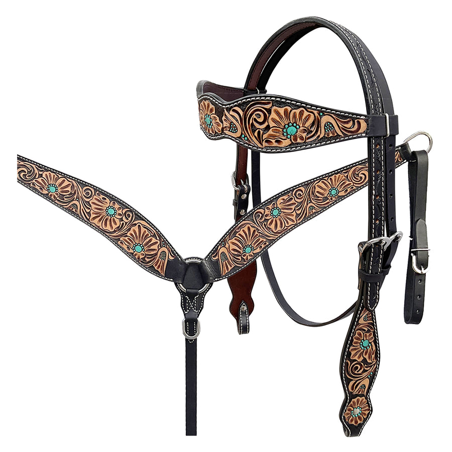BAR H EQUINE Western Handtooled Leather Horse Headstall and Breast Collar Set - Uhorse