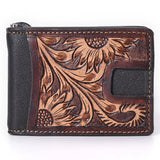 BAR H EQUINE Genuine Leather Rodeo Bifold Money Clip Wallet For Men Women Brown With Floral Hand Carved Tooled