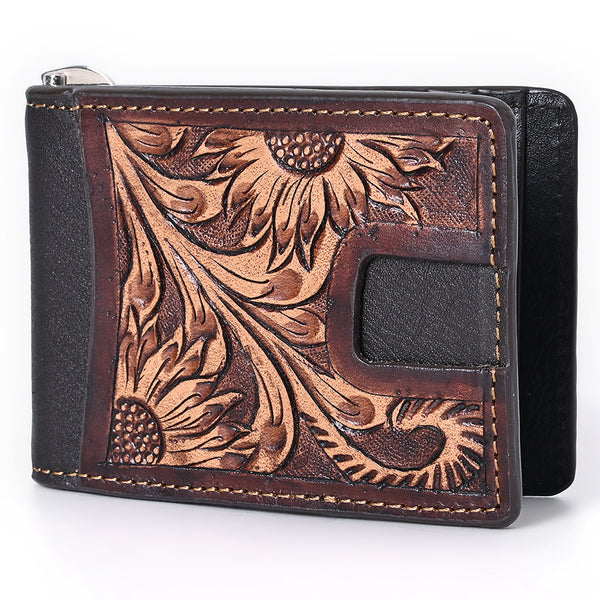 BAR H EQUINE Genuine Leather Rodeo Bifold Money Clip Wallet For Men Women Brown With Floral Hand Carved Tooled - Uhorse
