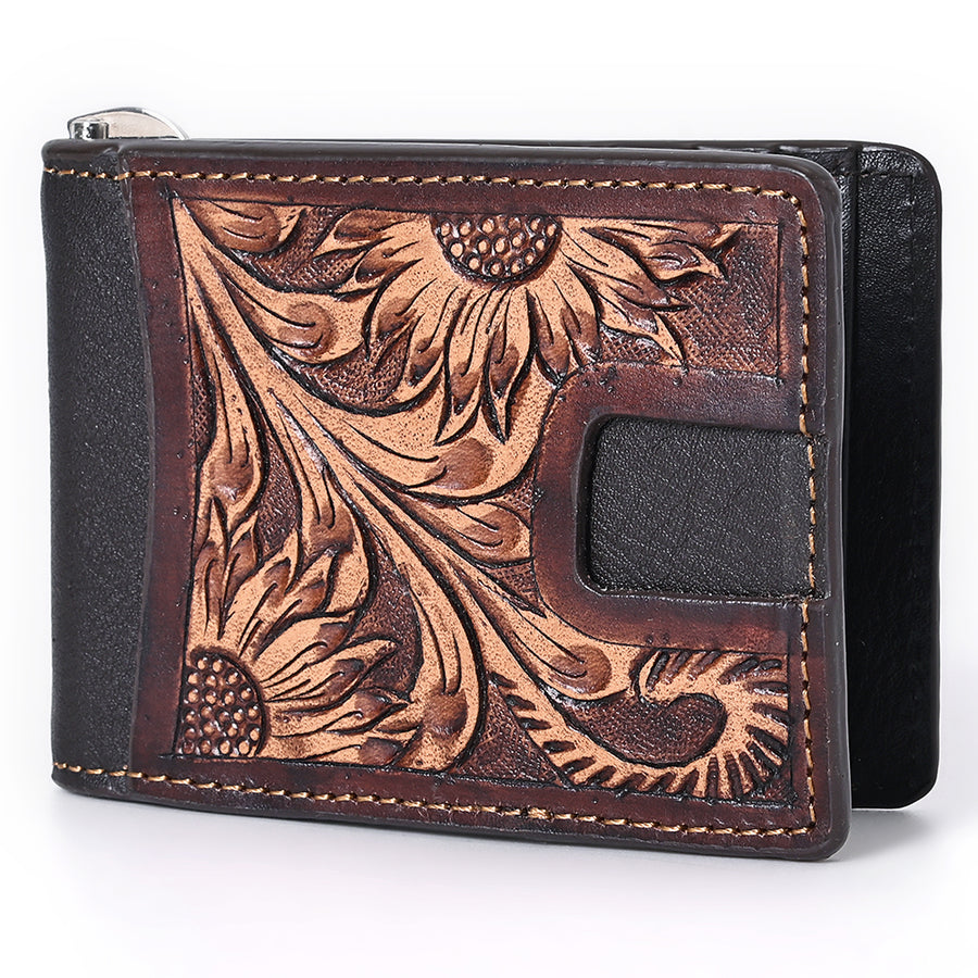 BAR H EQUINE Genuine Leather Rodeo Bifold Money Clip Wallet For Men Women Brown With Floral Hand Carved Tooled - Uhorse