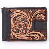 BAR H EQUINE Genuine Leather Rodeo Bifold Money Clip Wallet For Men Women Brown With Floral Hand Carved Tooled