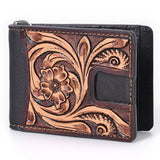 BAR H EQUINE Genuine Leather Rodeo Bifold Money Clip Wallet For Men Women Brown With Floral Hand Carved Tooled