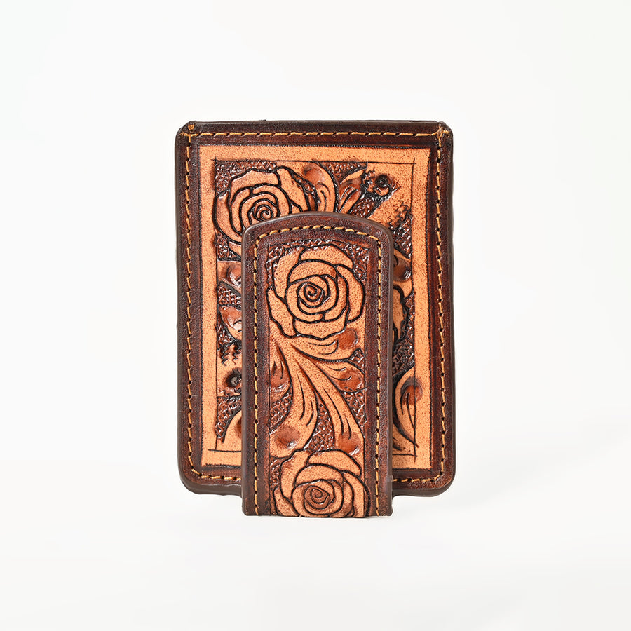 BAR H EQUINE Hand-Tooled Genuine Leather Money Clip Wallet Floral Carved | Western Style Card & Cash Holder